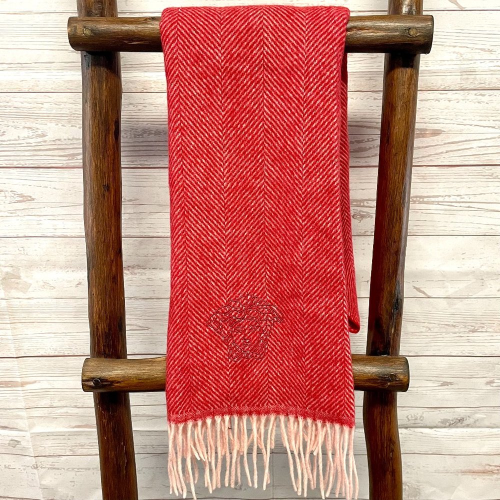 Versace herringbone wool fringe scarf with Medusa head